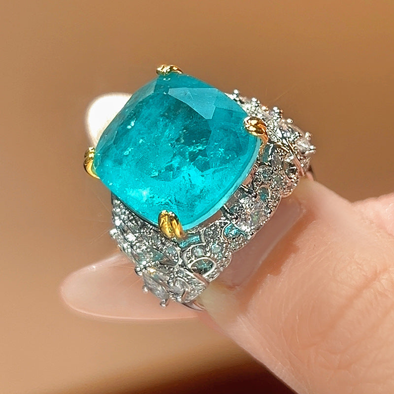 2026 New Zircon Ring For Women, Rectangular Simulated Sapphire & Paraiba Tourmaline, High-End Luxury Jewelry Vera Lux