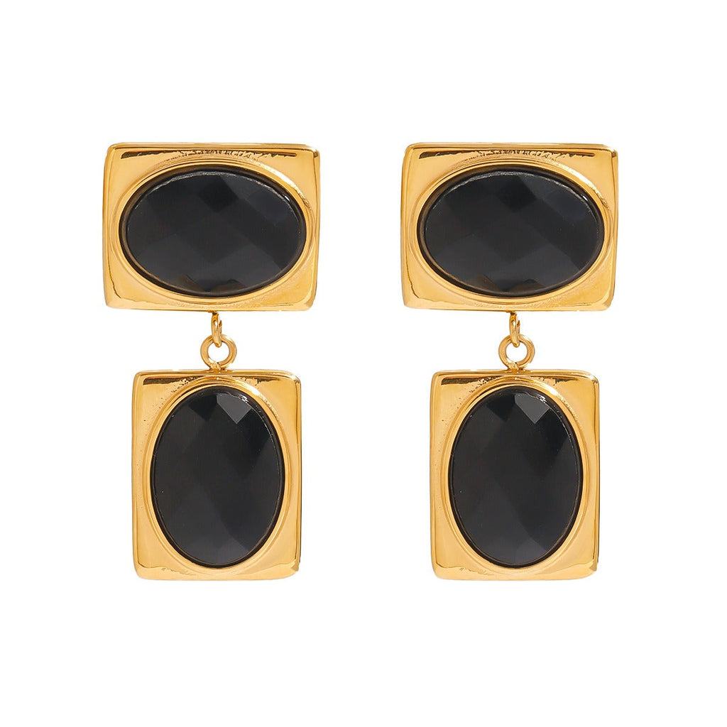 18k gold rectangular inlaid oval gemstone design trendy and unique earrings Vera Lux