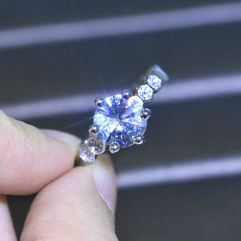 Classic Honeycomb Six-Prong Simulated Diamond Ring, Moissanite Hexagonal Band Vera Lux