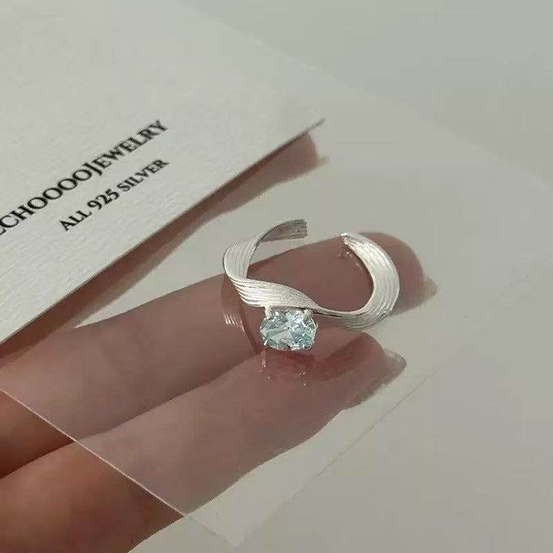 Blue Zircon Twisted Geometric Wave Open Ring, Minimalist Textured Statement Ring For Women Vera Lux