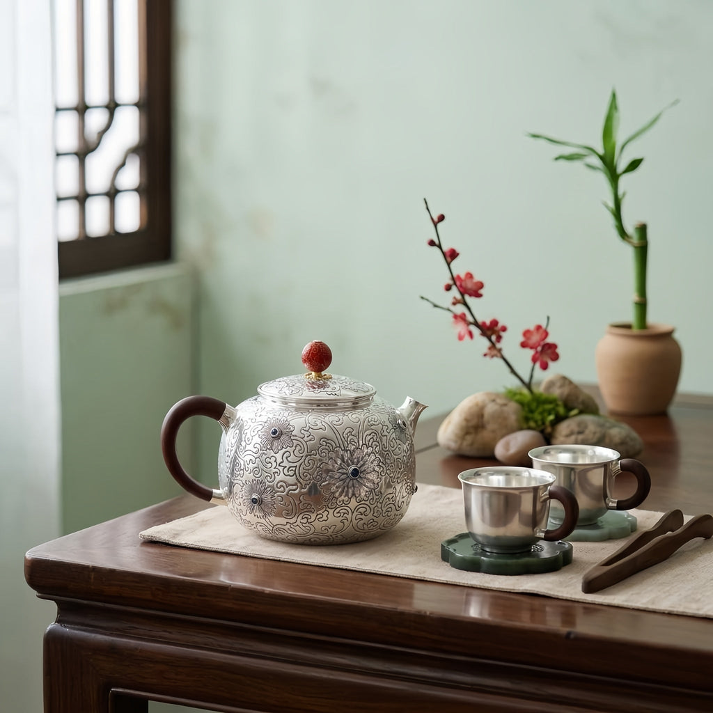 925 Sterling Silver Ornate Hand-Engraved Silver Teapot with Gemstone Accents and Wooden Handle - Handicraft Vera Lux