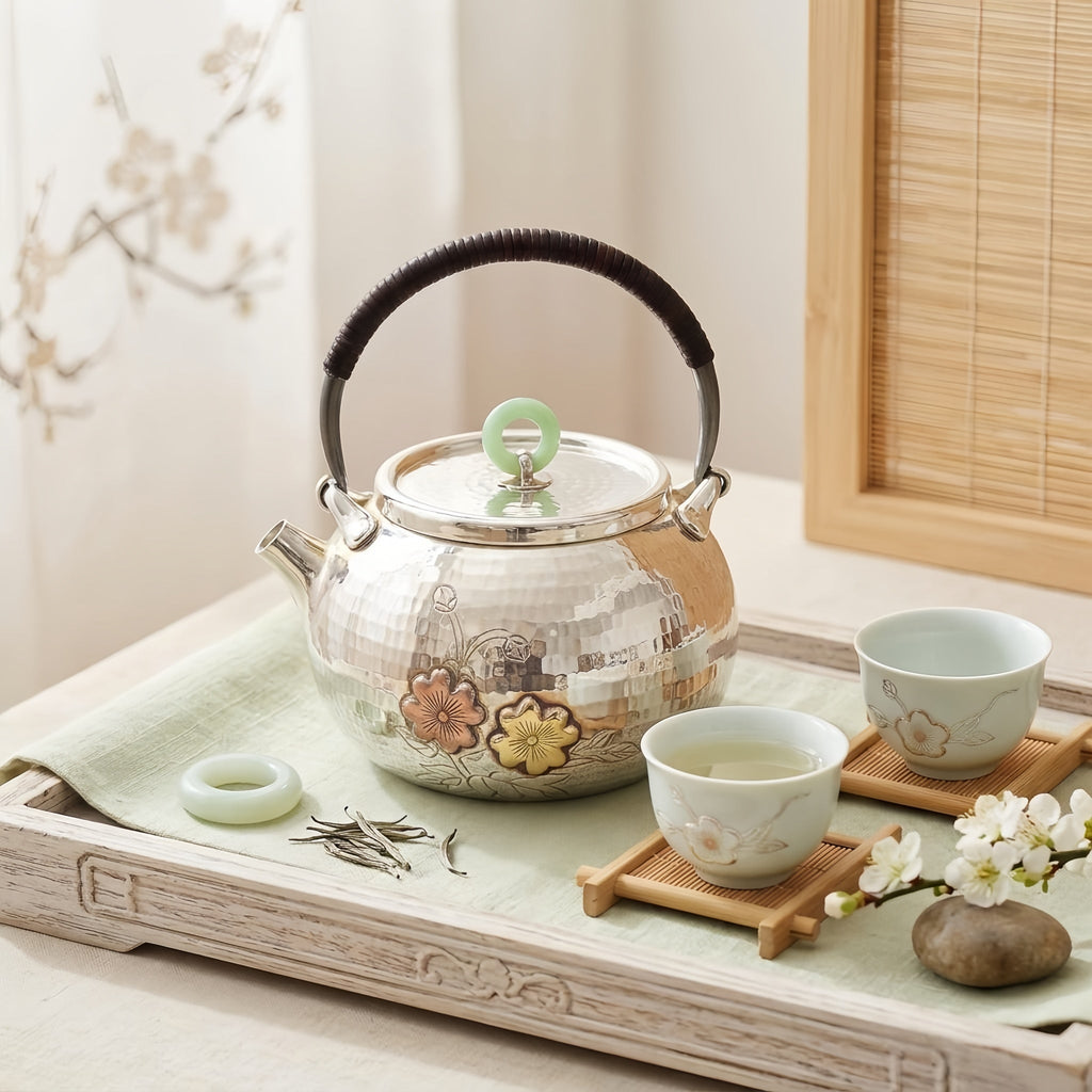 Pure 999 Fine Silver Elegant Hand-Hammered Silver Teapot with Floral Relief and Green Jade Finial - Handicraft Vera Lux
