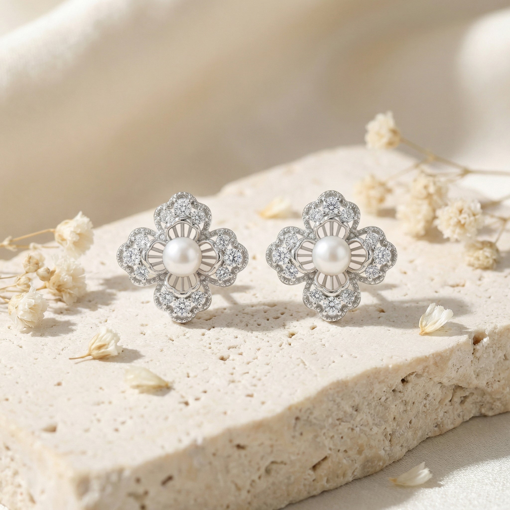925 Sterling Silver Elegant Floral Pearl and Sparkling Accent Stud Earrings in White Metal Vera Lux