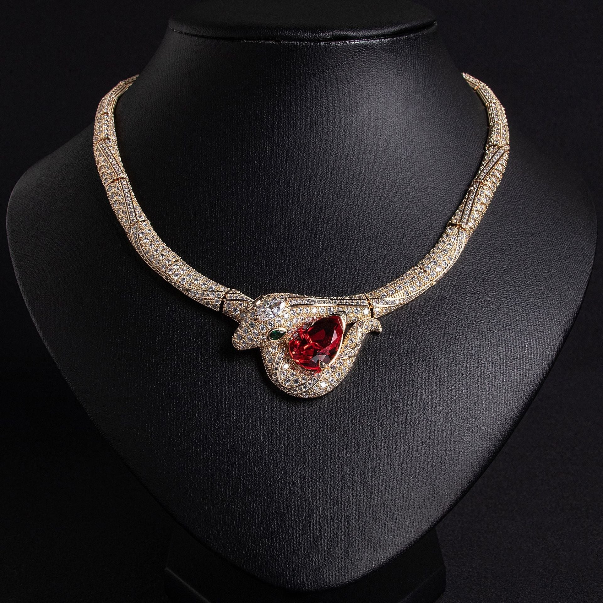 18K Gold "Petite Luxury" Snake-and-Bamboo-Knot Zircon Necklace Vera Lux