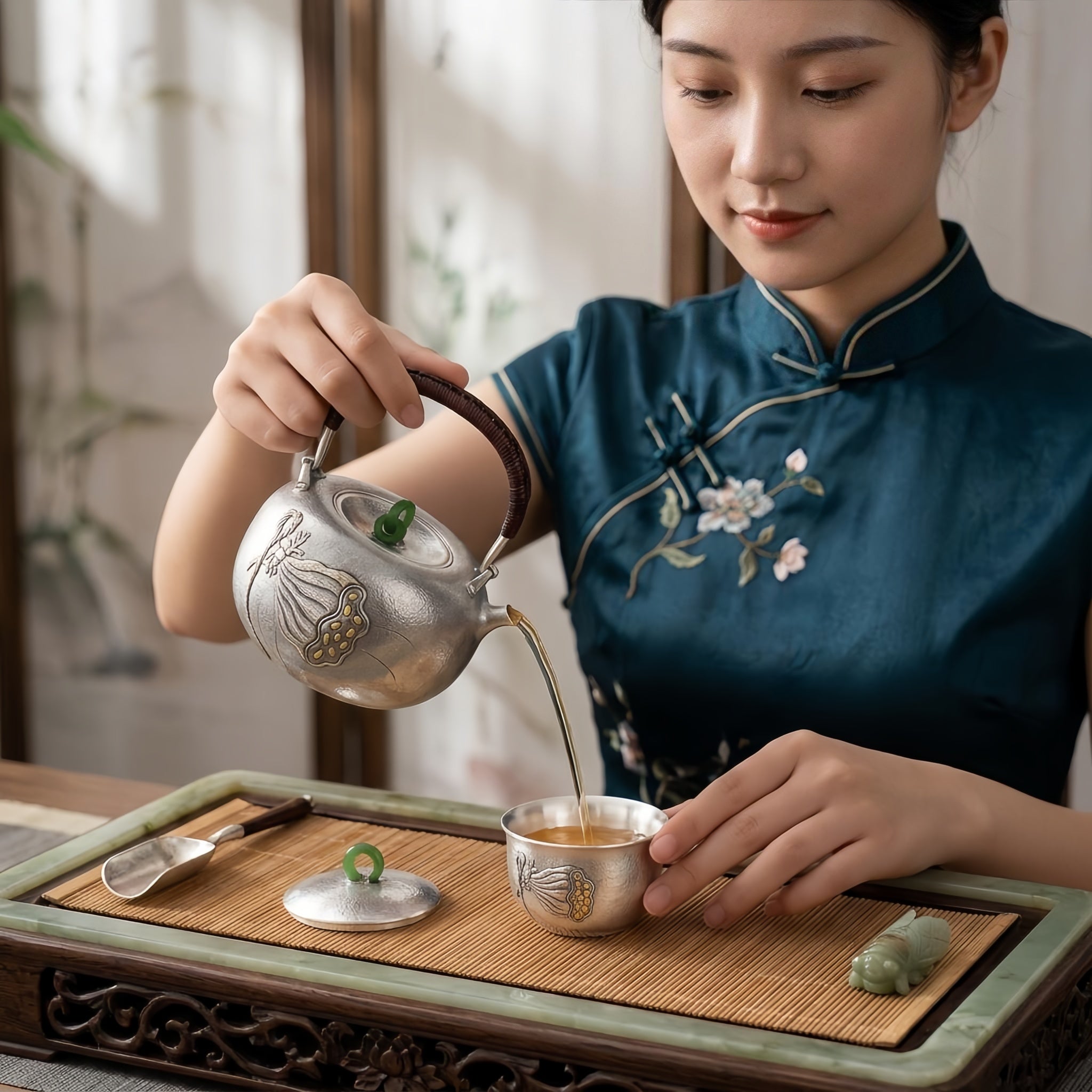 Pure 999 Fine Silver Handmade Silver Teapot with Lotus Seed Pod Motif and Woven Rattan Handle - Handicraft Vera Lux