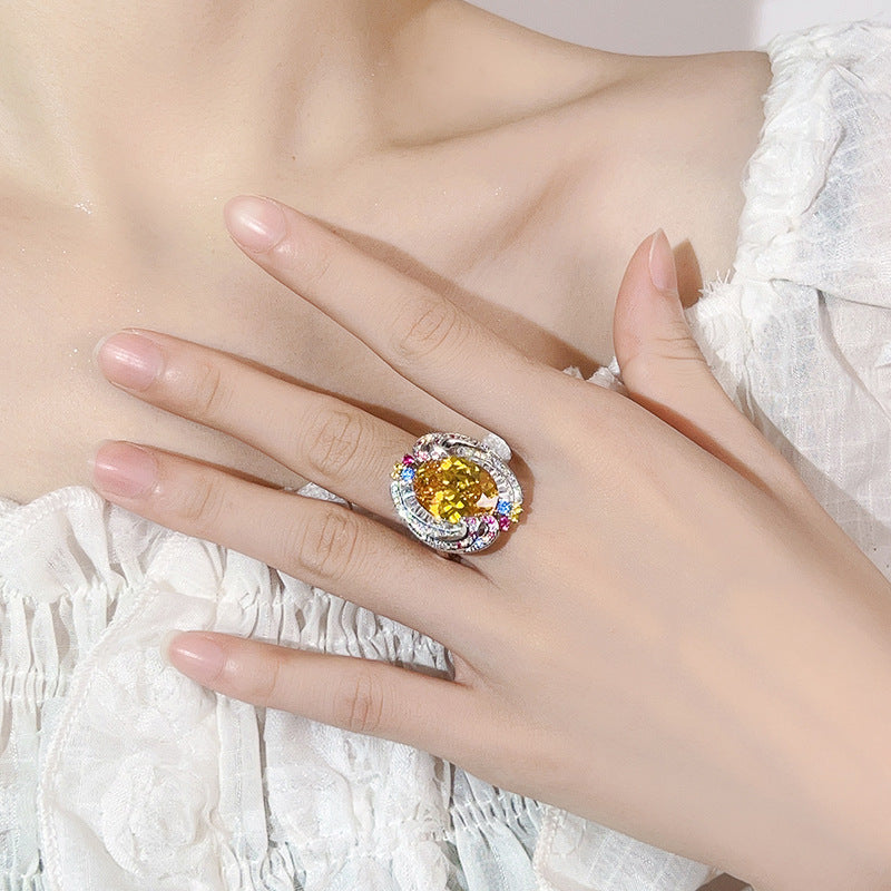 Exquisite Swirl Design Purple Amethyst Ring, Rainbow Gemstone Encrusted Cocktail Ring For Women Vera Lux