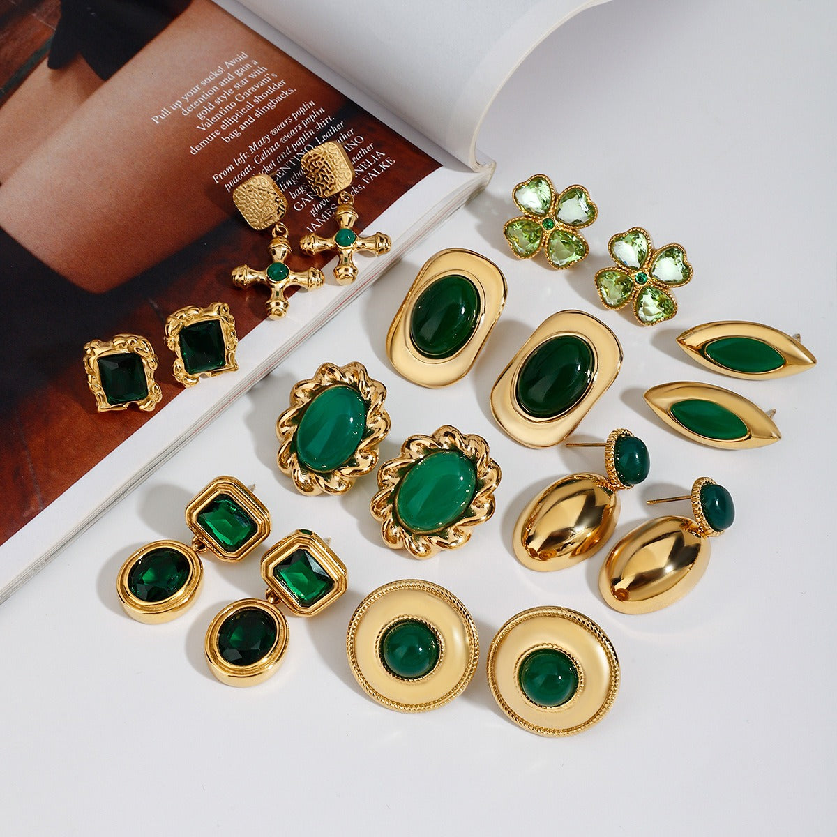 18K gold geometric/flower-shaped inlaid gemstone design light luxury noble earrings Vera Lux