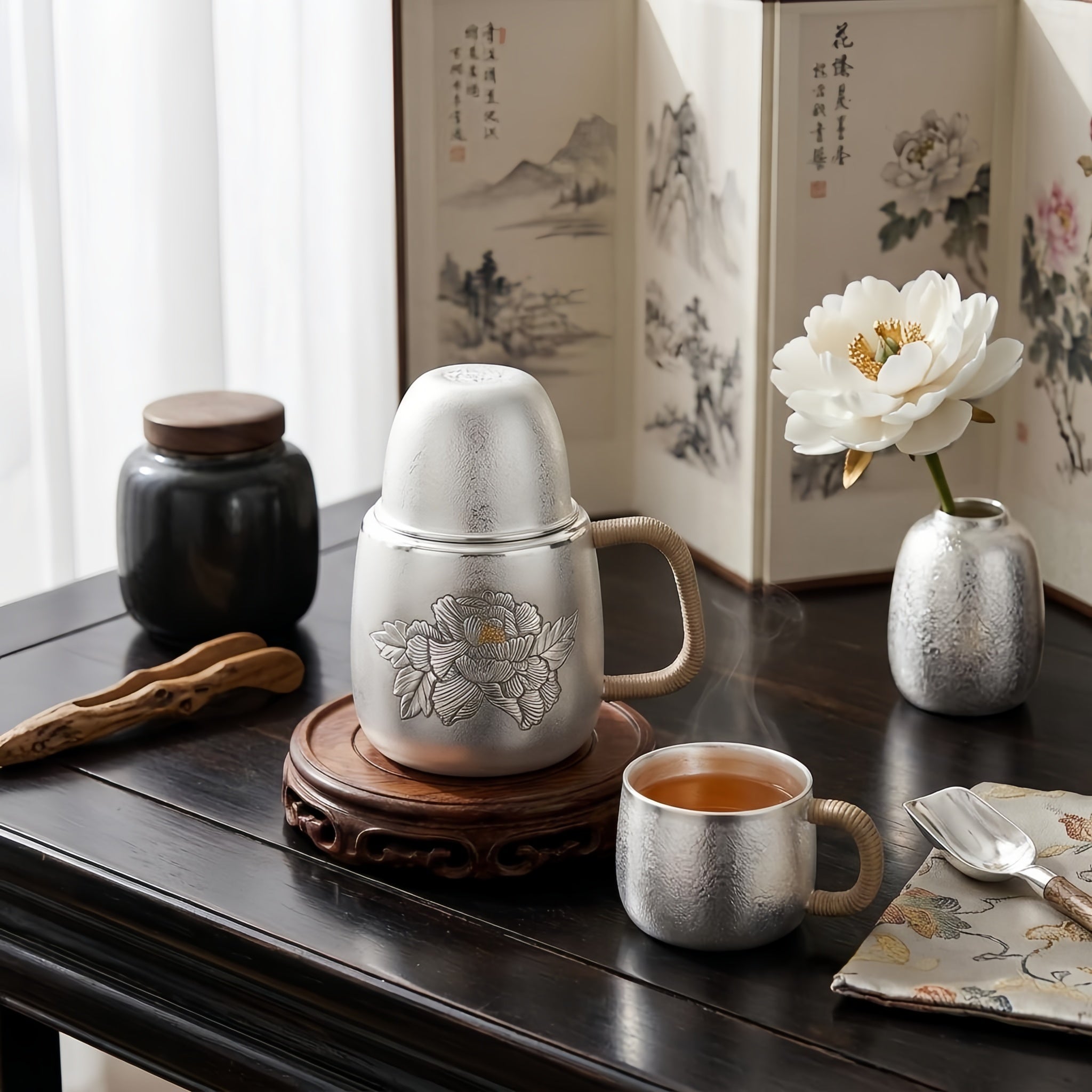 925 Sterling Silver Silver Peony Tea Vessel with Natural Rattan Handle and Floral Relief - Handicraft Vera Lux