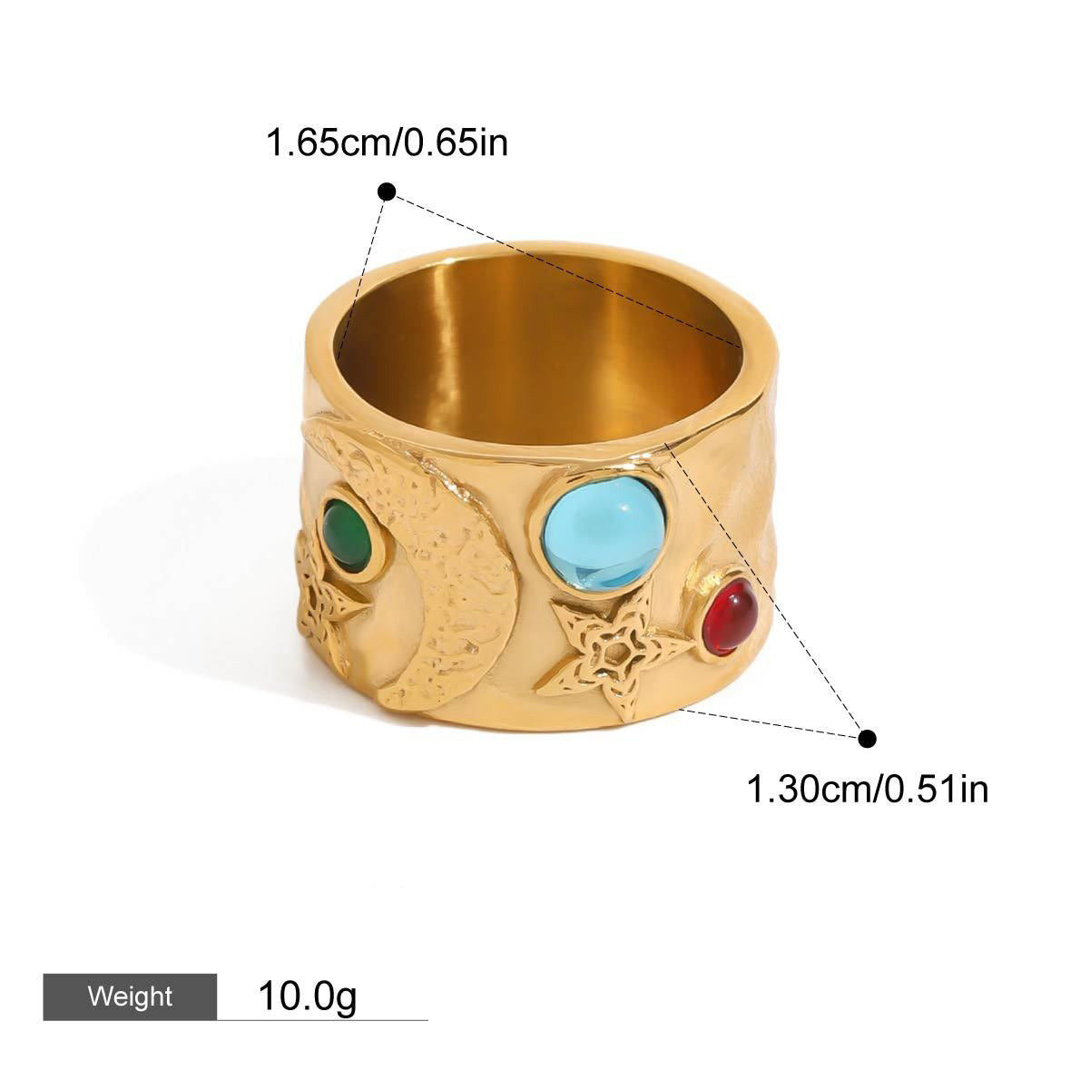 18K gold inlaid gemstone with star and moon texture classic retro ring Vera Lux