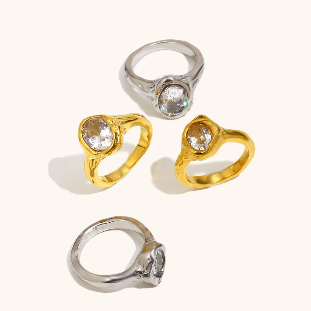 Stainless Steel 18K Gold-Plated Holed Dove-Egg Zircon Ring For Women  Lite Luxury Vera Lux