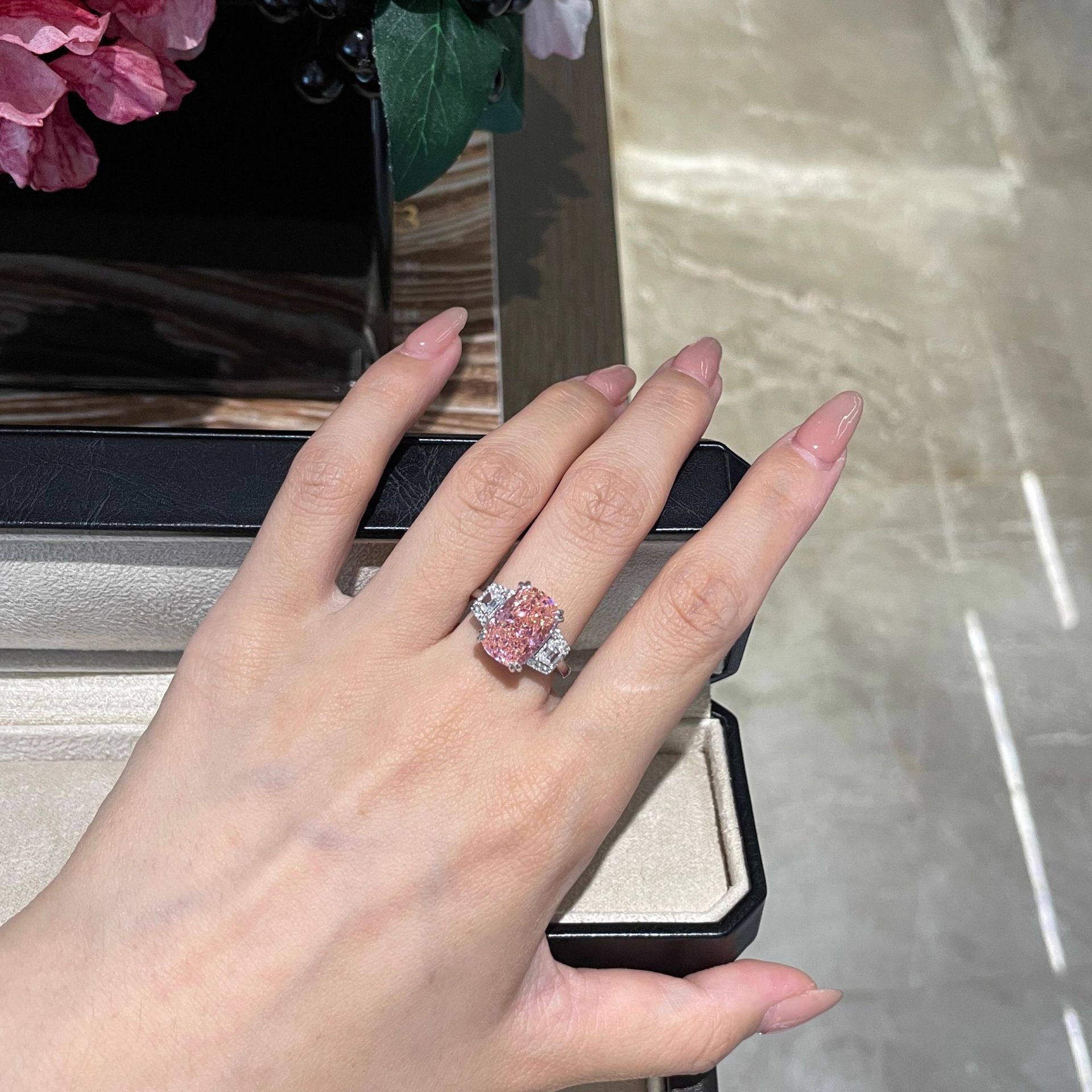 Luxury Heavy Craftsmanship Simulated Diamond Ring, Large Carat Ice Flower Cut Elongated Cushion High Carbon Diamond Ring For Women Vera Lux