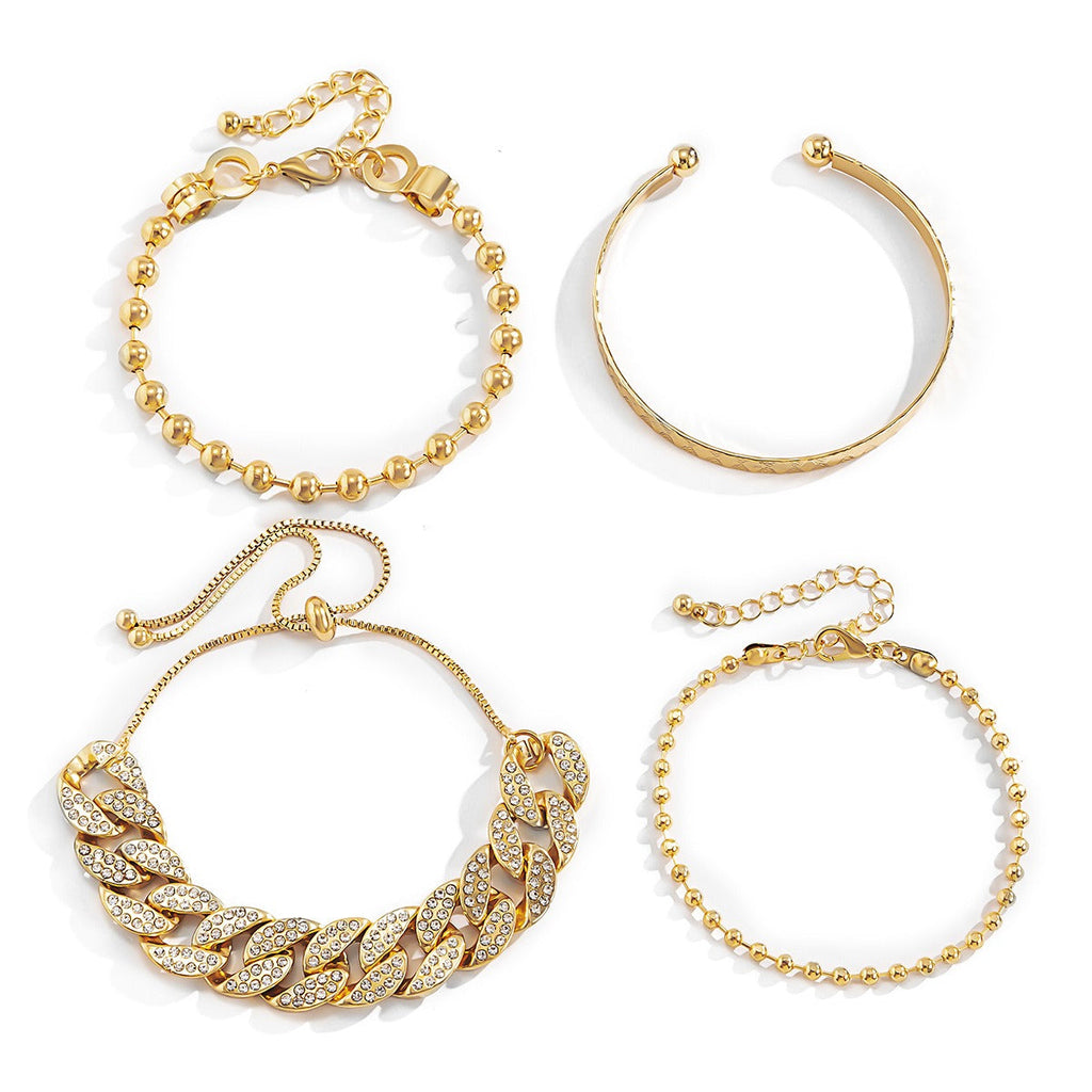 Diamond-studded Cuban buckle bracelet Hip-hop personalized round bead chain pattern bracelet set Vera Lux