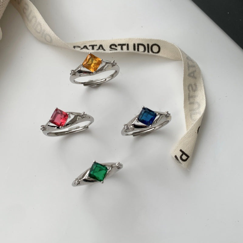 Minimalist Glossy Multicolor Gemstone Square Ring For Women, Luxury INS Style, High-End Open Adjustable Band Vera Lux