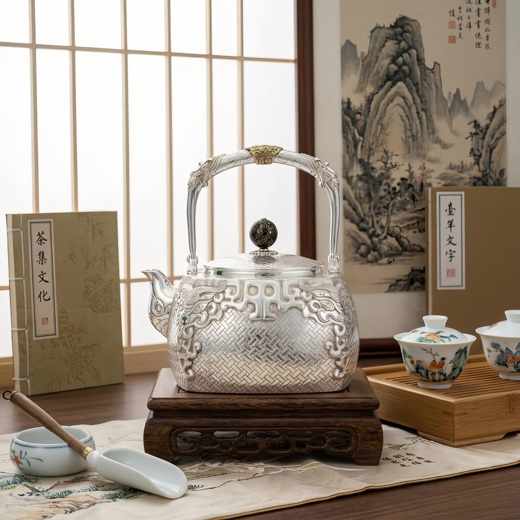 Pure 999 Fine Silver Elegant Handcrafted Silver Teapot Featuring Intricate Basketweave Texture and Traditional Oriental Filigree Accents - Handicraft Vera Lux