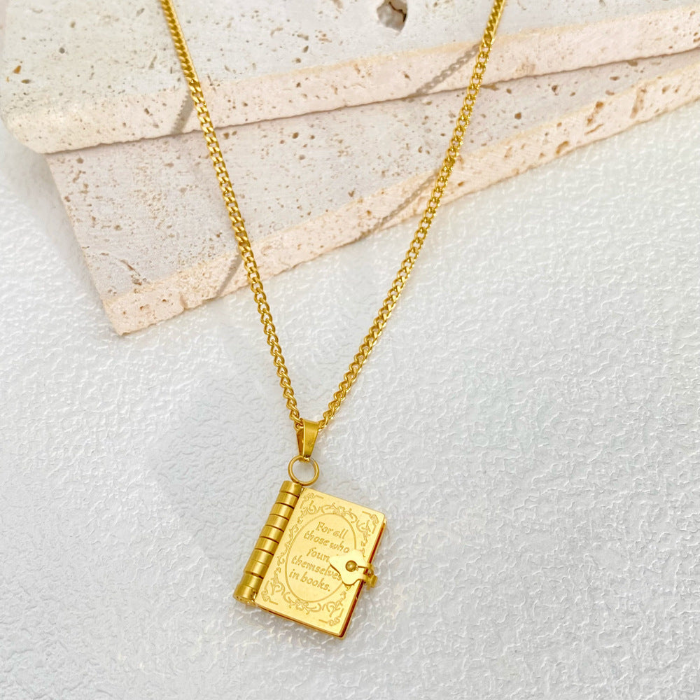 European And American 18k Gold plated Stainless Steel Openable Book Pendant Necklace Vera Lux