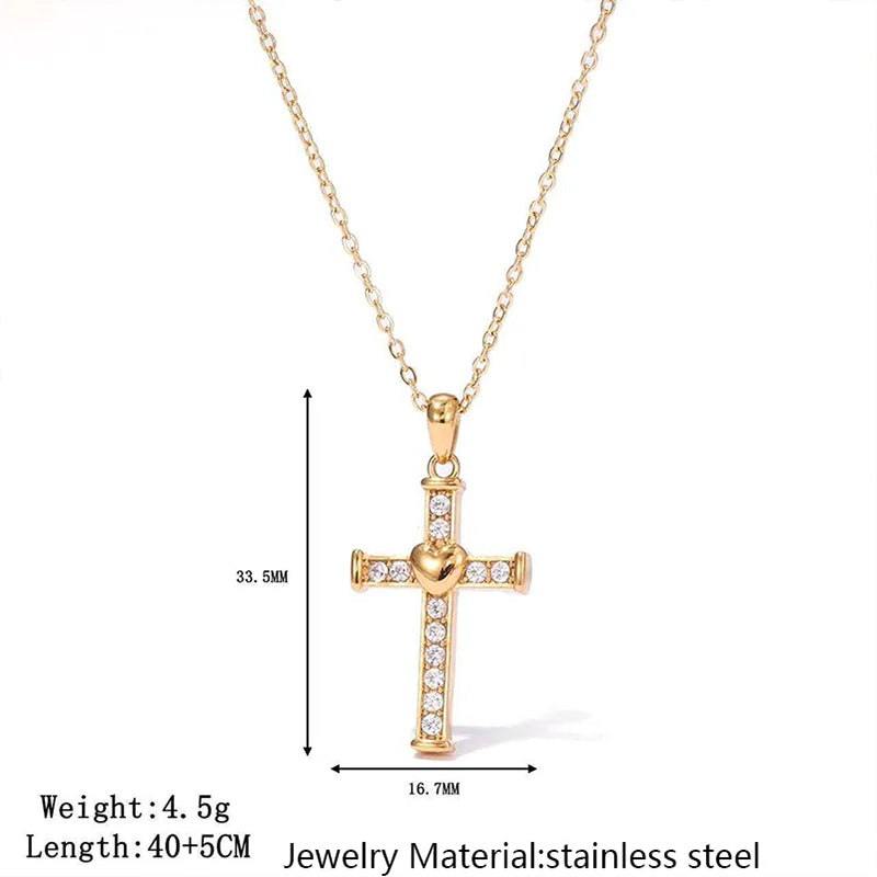 Stainless Steel Inlaid Rhinestone Heart-shaped Cross Pendant Necklace Vera Lux