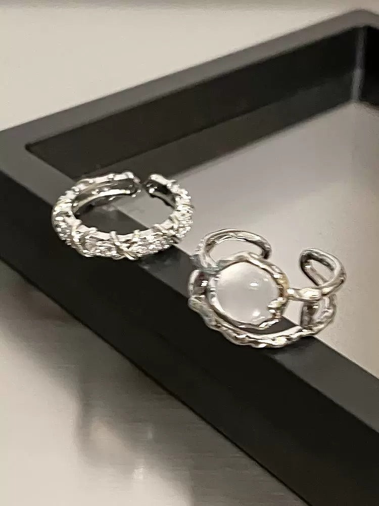 White Moonstone Couple Rings For Men & Women, Niche Zircon Inlaid French Style Adjustable Open Index Finger Jewelry Vera Lux