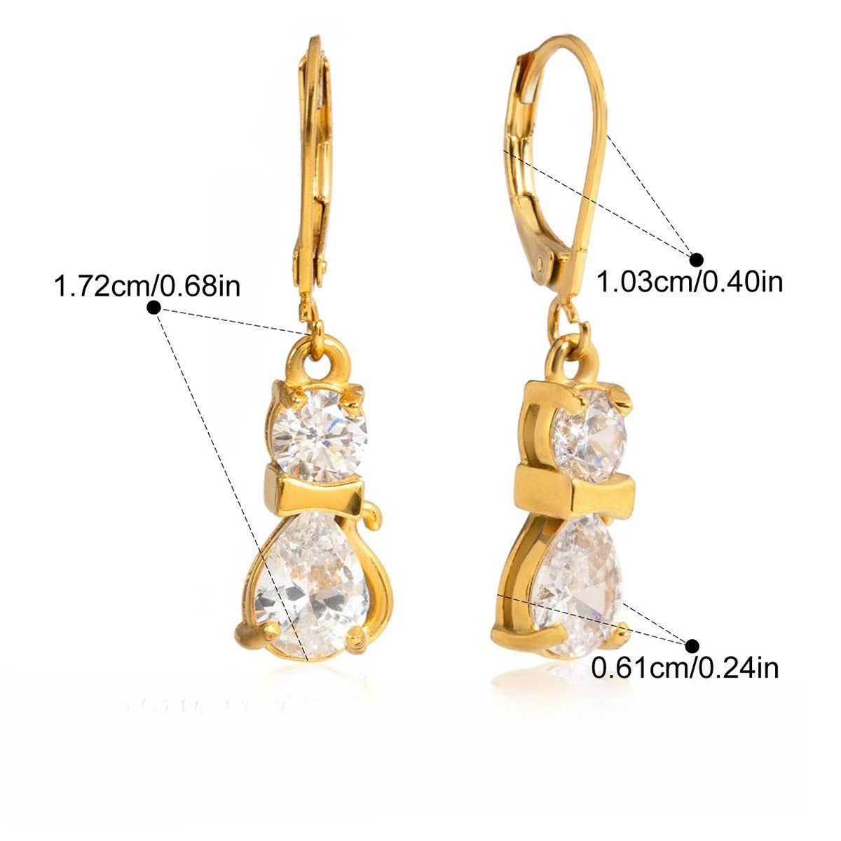 18K gold plated, lightweight and luxurious cat-shaped earrings with zircon stones. Vera Lux