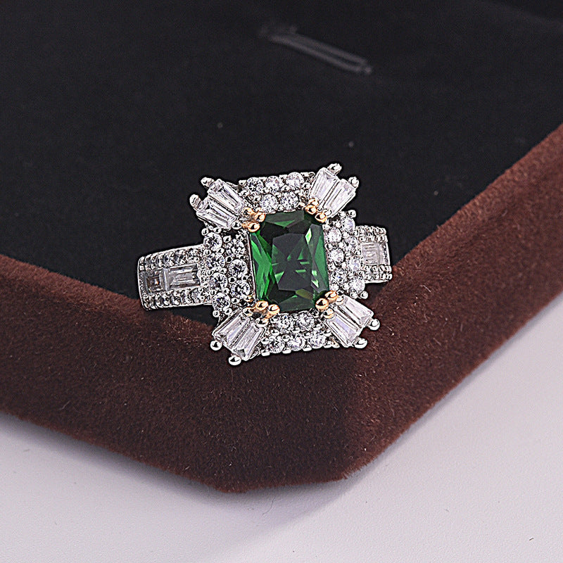 Square Princess Ring With Simulated Emerald Zircon, Micro Pave Full Stone Engagement Band Vera Lux