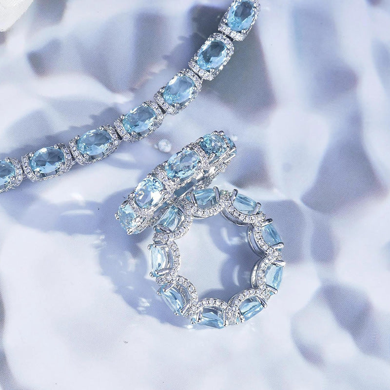 Oval Aquamarine Halo Tennis Bracelet, Luxury Blue Gem Bracelet For Women Vera Lux