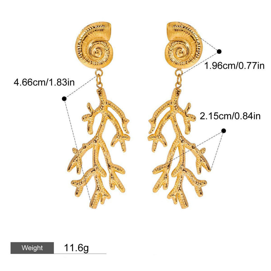 18K gold conch shell with coral design unique and noble earrings Vera Lux