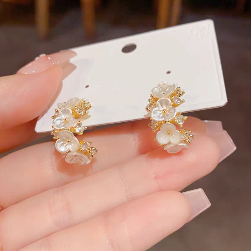 Fresh And Chic C Shaped Earrings With Diamond Encrusted Flowers For Women Vera Lux
