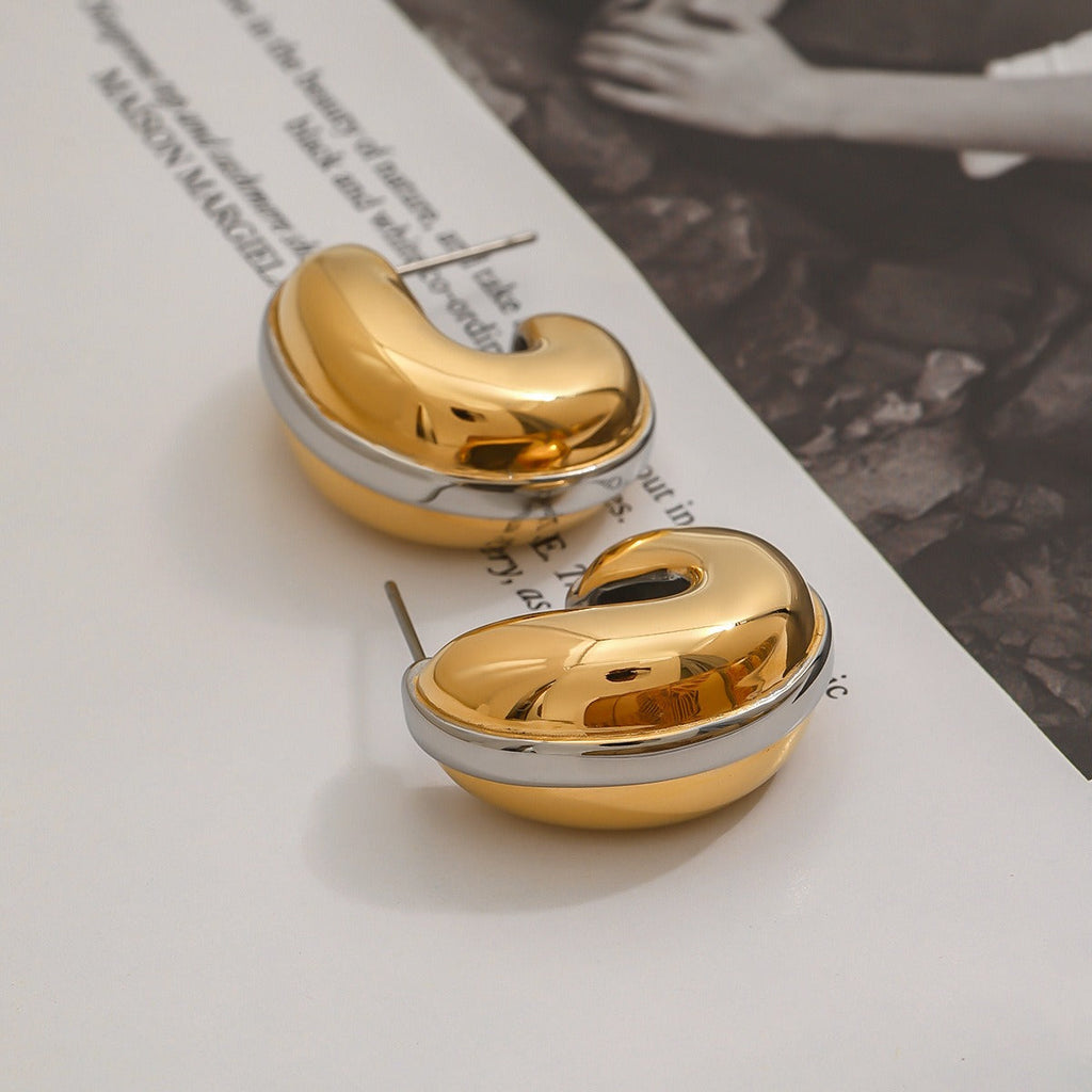 18k gold teardrop-shaped earrings with gold and silver color matching design, simple and unique Vera Lux