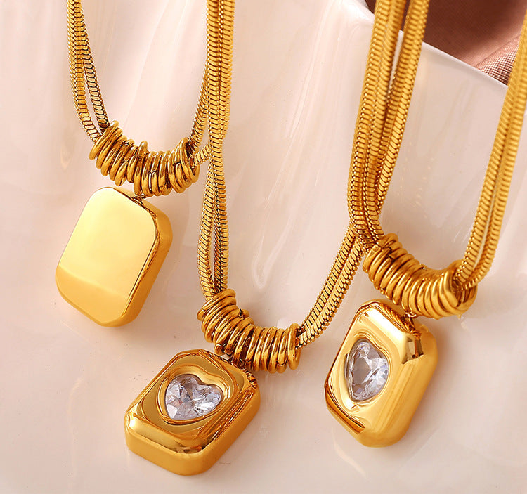 Diamond-studded Heart-shaped Snake Bone Chain Stainless Steel Necklace For Women - Luxurious And High-end, Double-layered And Stackable, Perfect For All Occasions. Vera Lux