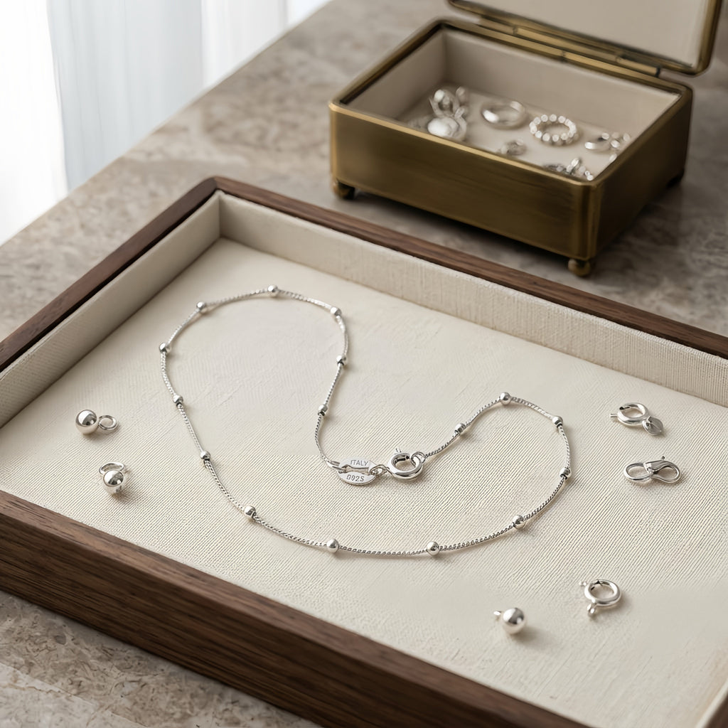 925 Sterling Silver Italian-Made 14K White Gold Bead-Accented Chain Necklace Vera Lux