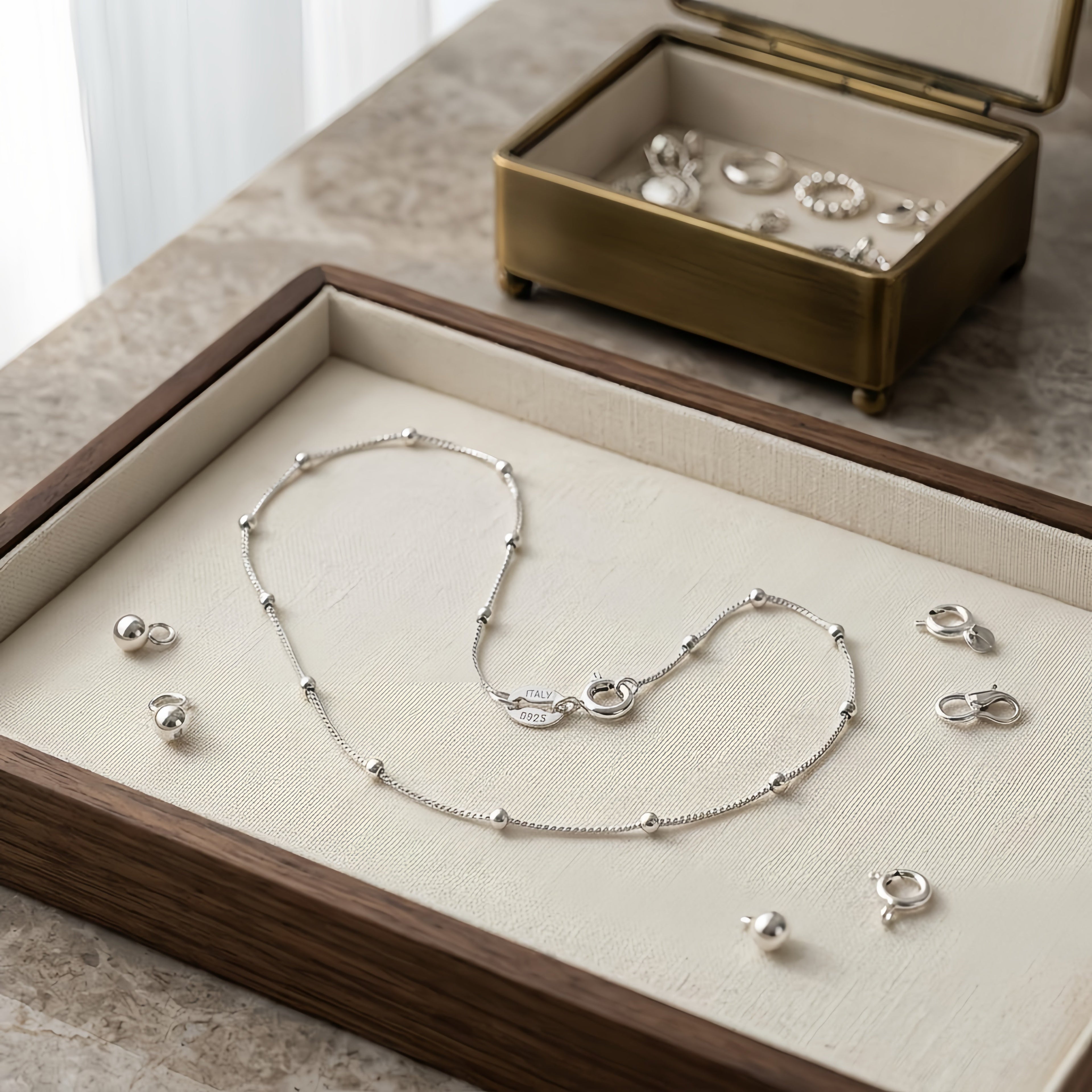 925 Sterling Silver Italian-Made 14K White Gold Bead-Accented Chain Necklace Vera Lux