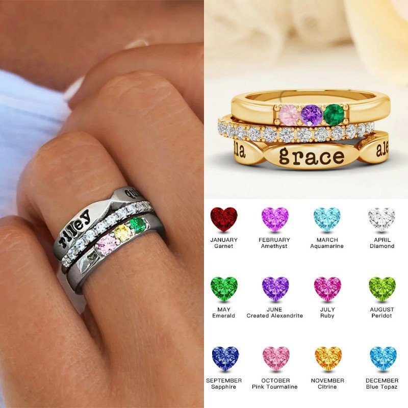 12 Color Birthstone Three Piece Combination Stacked Ring Vera Lux