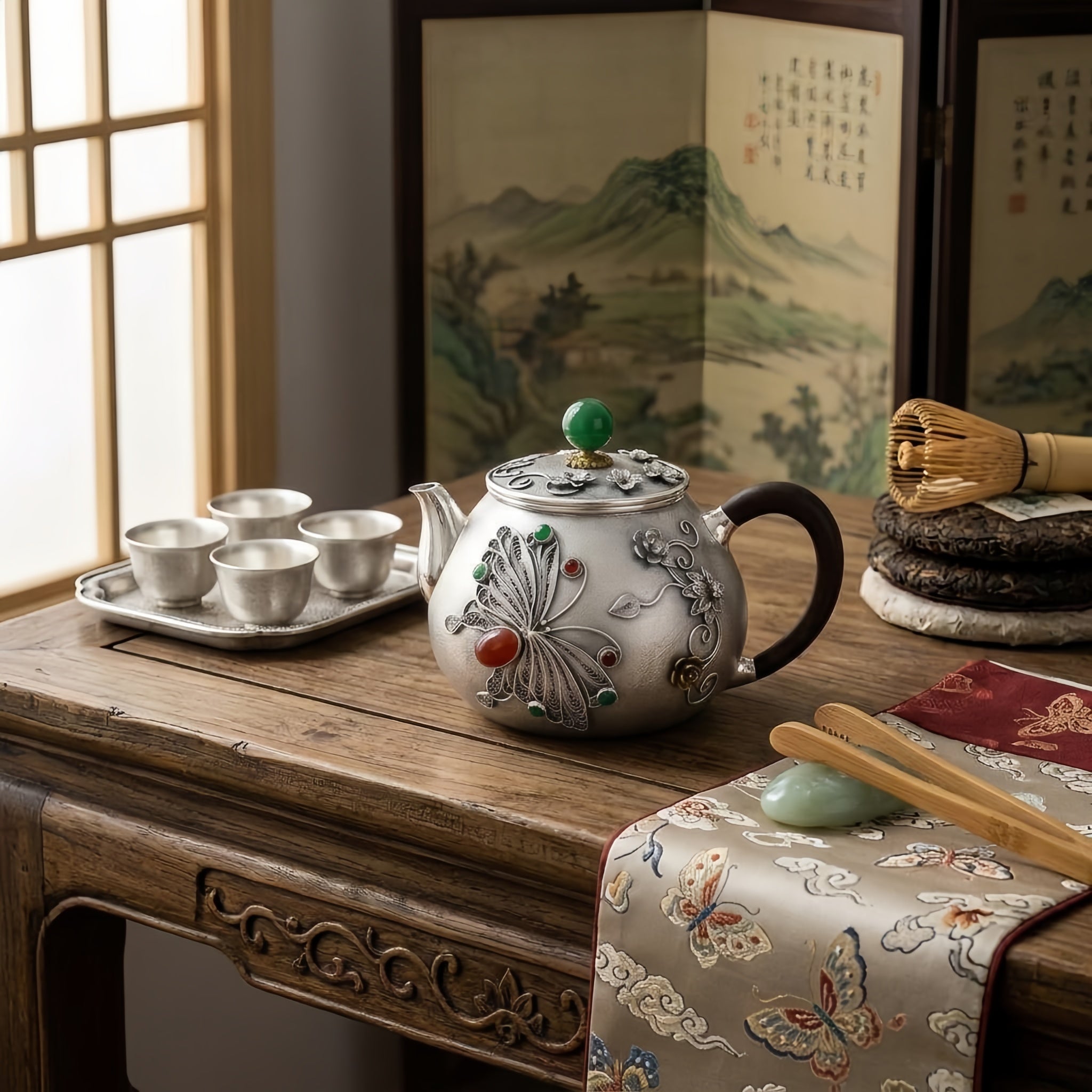 Pure 999 Fine Silver Silver Filigree Teapot with Butterfly Motif and Vibrant Gemstone Embellishments - Handicraft Vera Lux
