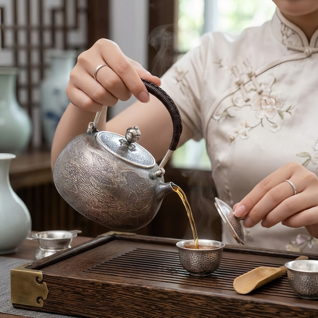 Pure 999 Fine Silver Artisanal Hammered Silver Teapot with Woven Rattan Handle and Decorative Finial - Handicraft Vera Lux