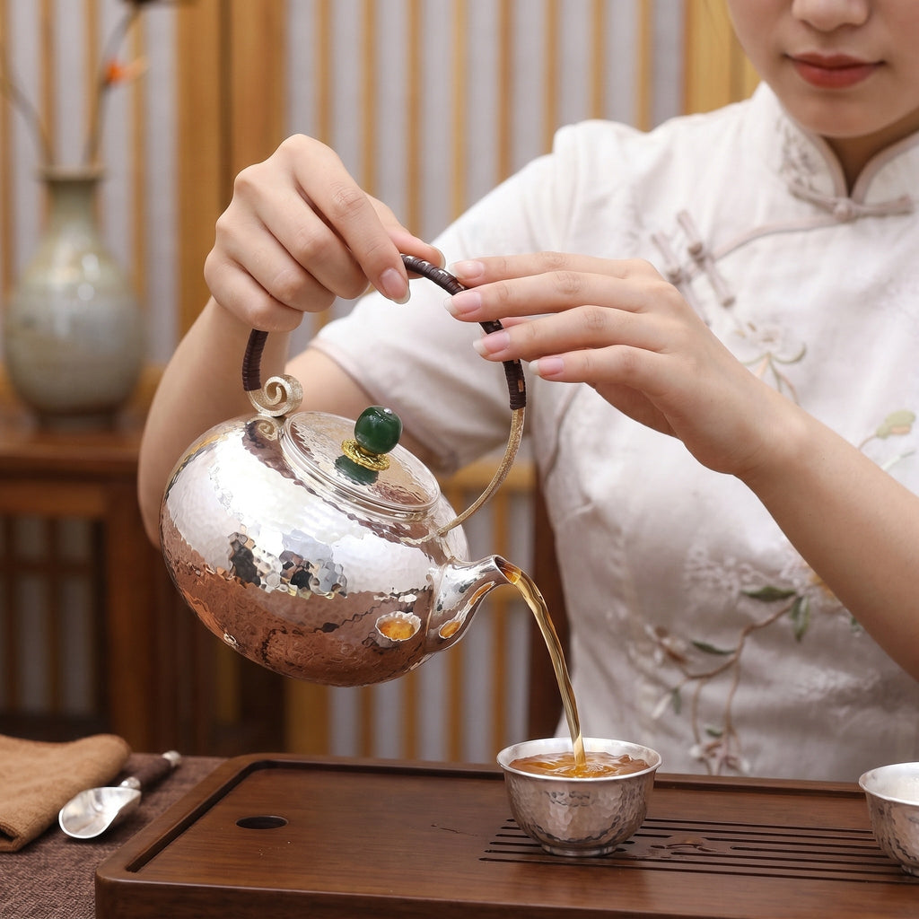 925 Sterling Silver Elegant Hammered Metal Teapot with Two-Tone Finish and Woven Handle-Fine large teapot - Handicraft Vera Lux