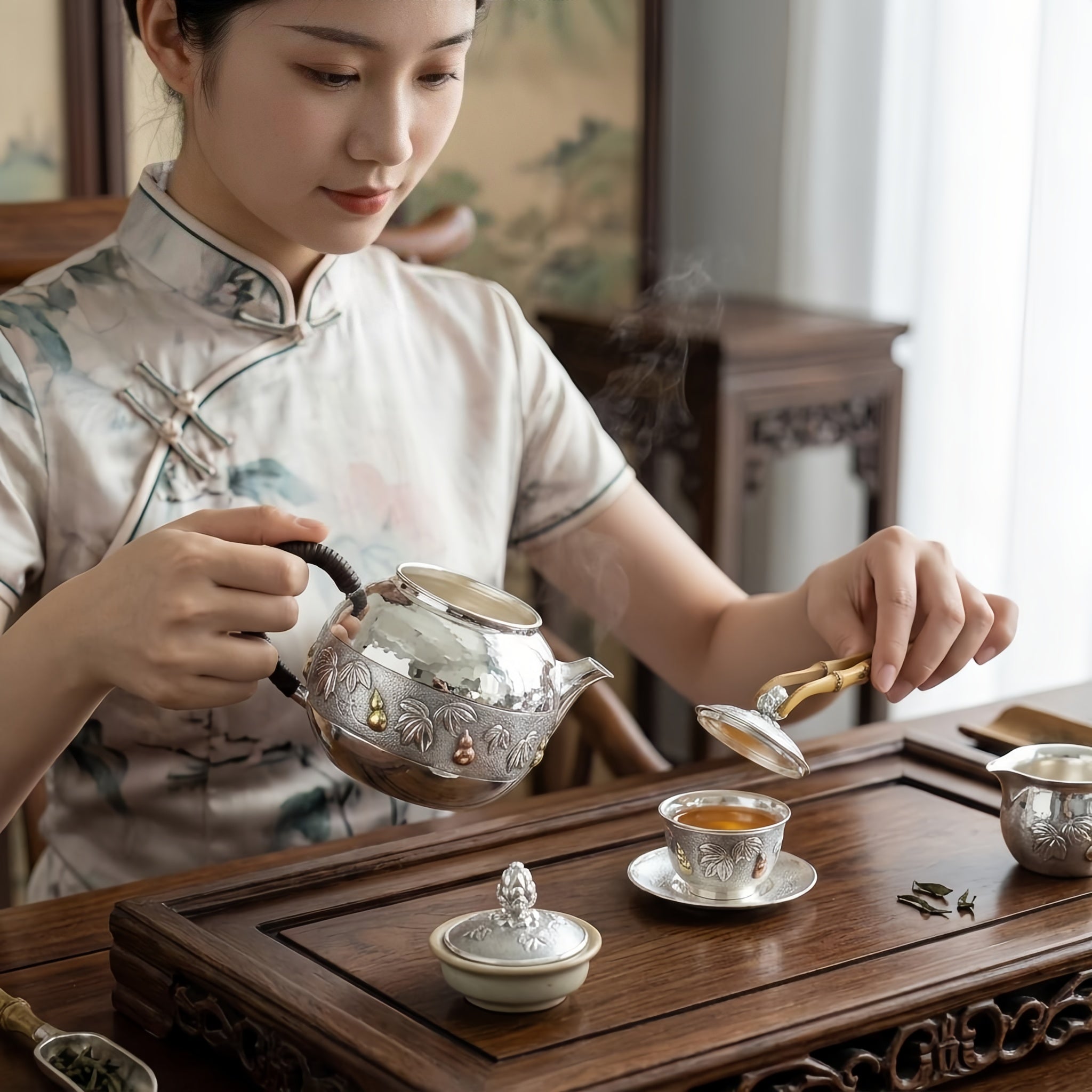 Pure 999 Fine Silver Handcrafted Silver Teapot with Embossed Leaf and Gourd Motifs and Woven Handle - Handicraft Vera Lux