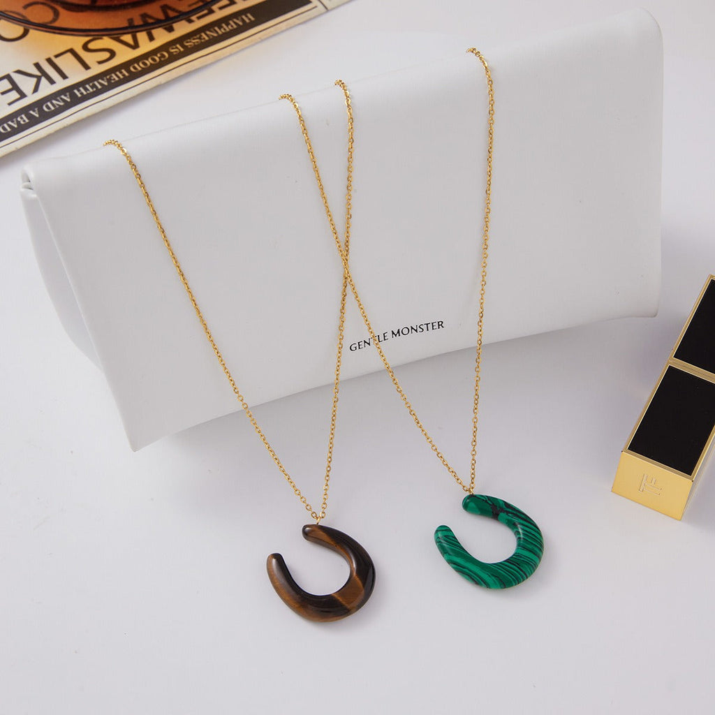 18K Stainless Steel Horseshoe U-shaped Tiger's Eye and Malachite Pendant Necklace Vera Lux