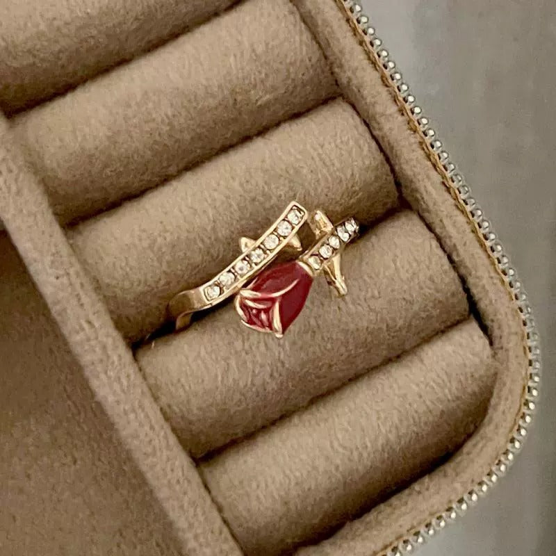 Enamel Red Rose Ring For Women, Light Luxury New Year Index Finger Ring, Open Adjustable Niche Design Delicate Ring Vera Lux