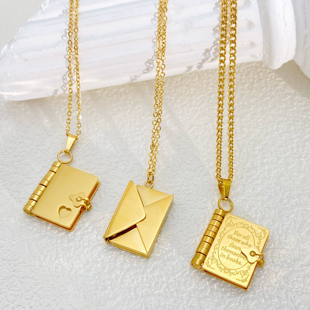 European And American 18k Gold plated Stainless Steel Openable Book Pendant Necklace Vera Lux
