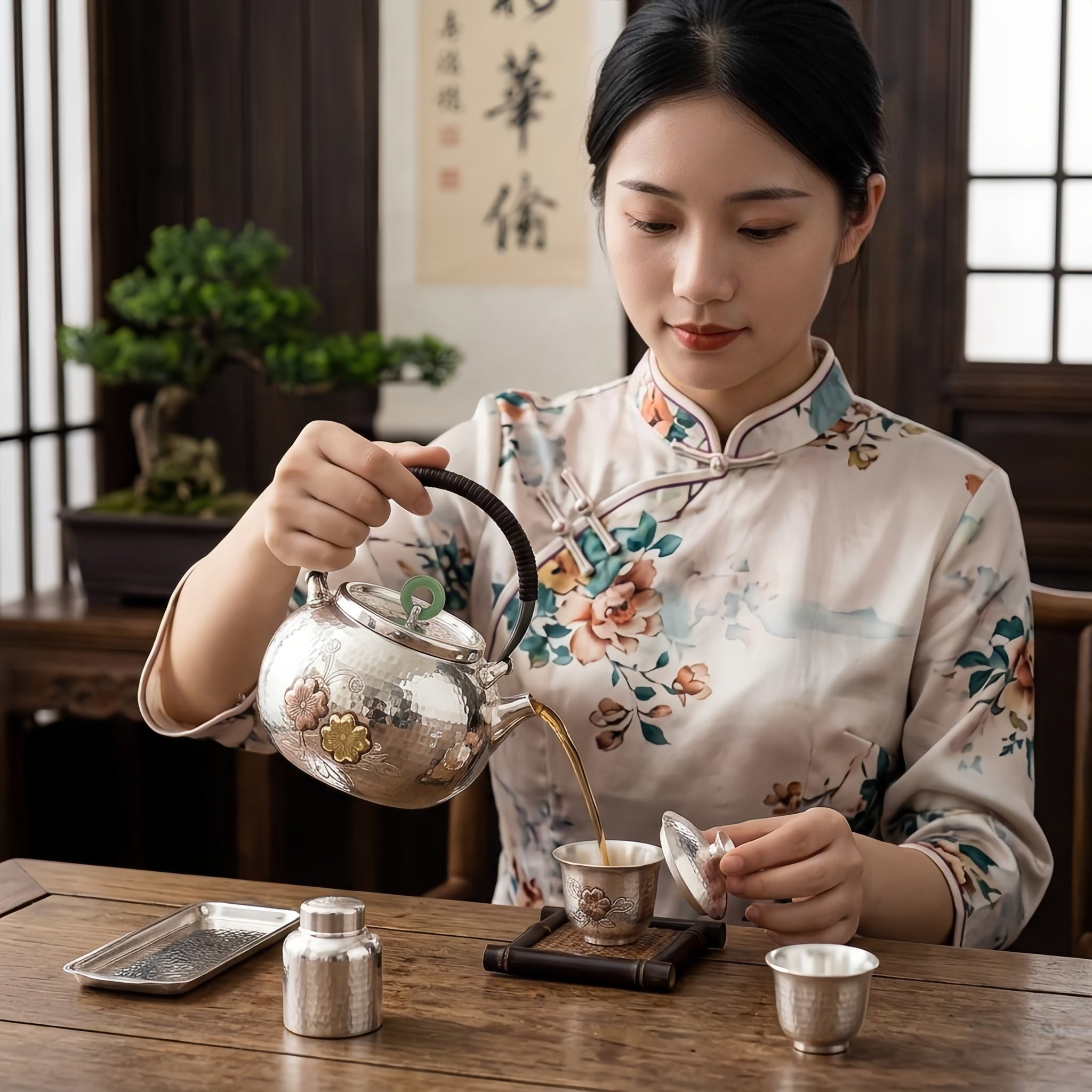 Pure 999 Fine Silver Elegant Hand-Hammered Silver Teapot with Floral Relief and Green Jade Finial - Handicraft Vera Lux