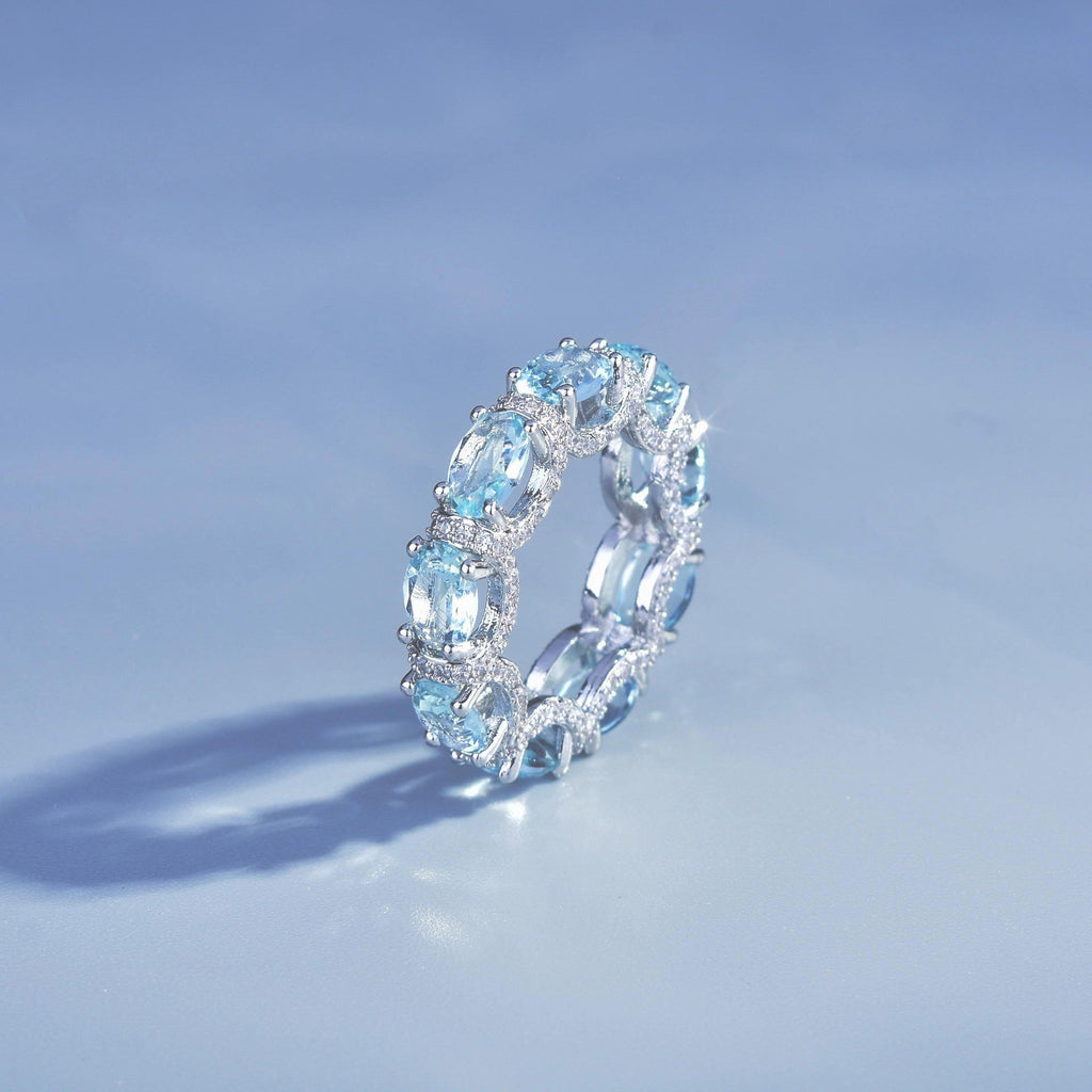 Luxury Oval Cut Aquamarine Eternity Band Ring, Micro Pave Blue Gemstone Stackable Ring For Women Vera Lux