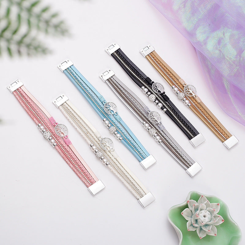 Drilled-bead Multi-layer PU Leather Braided Magnetic-clasp Bracelet Vera Lux