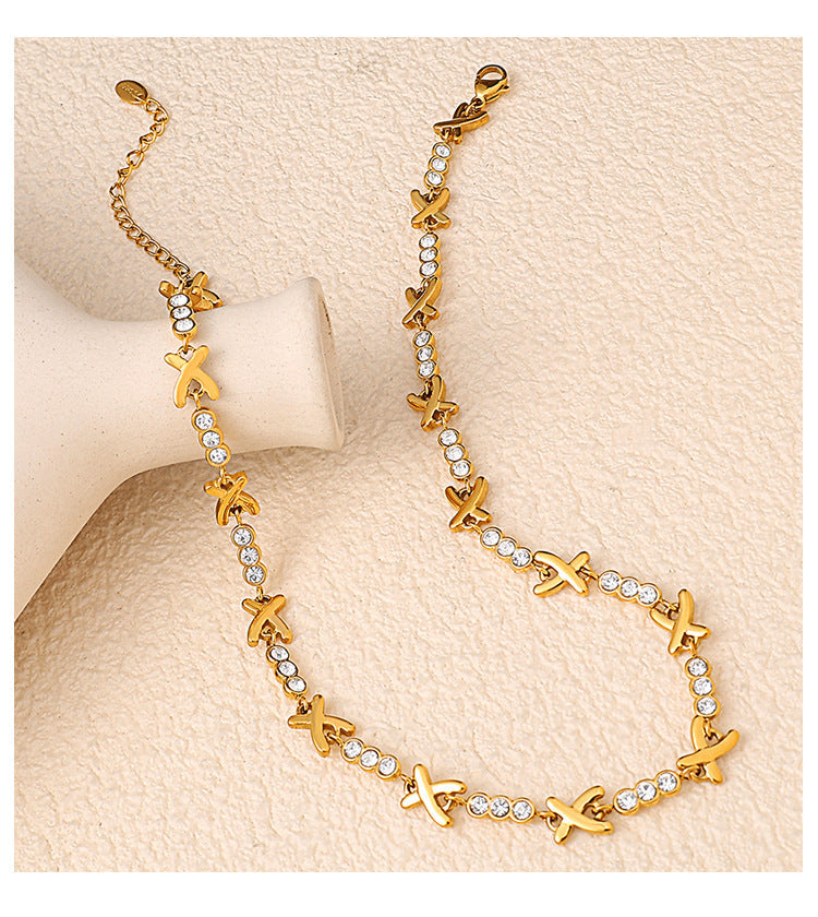 X-shaped Diamond-studded Necklace Set For Ladies - Luxurious And High-end, Featuring A Sparkling Array Of Diamonds And A Stainless Steel Bracelet Accessory. Vera Lux