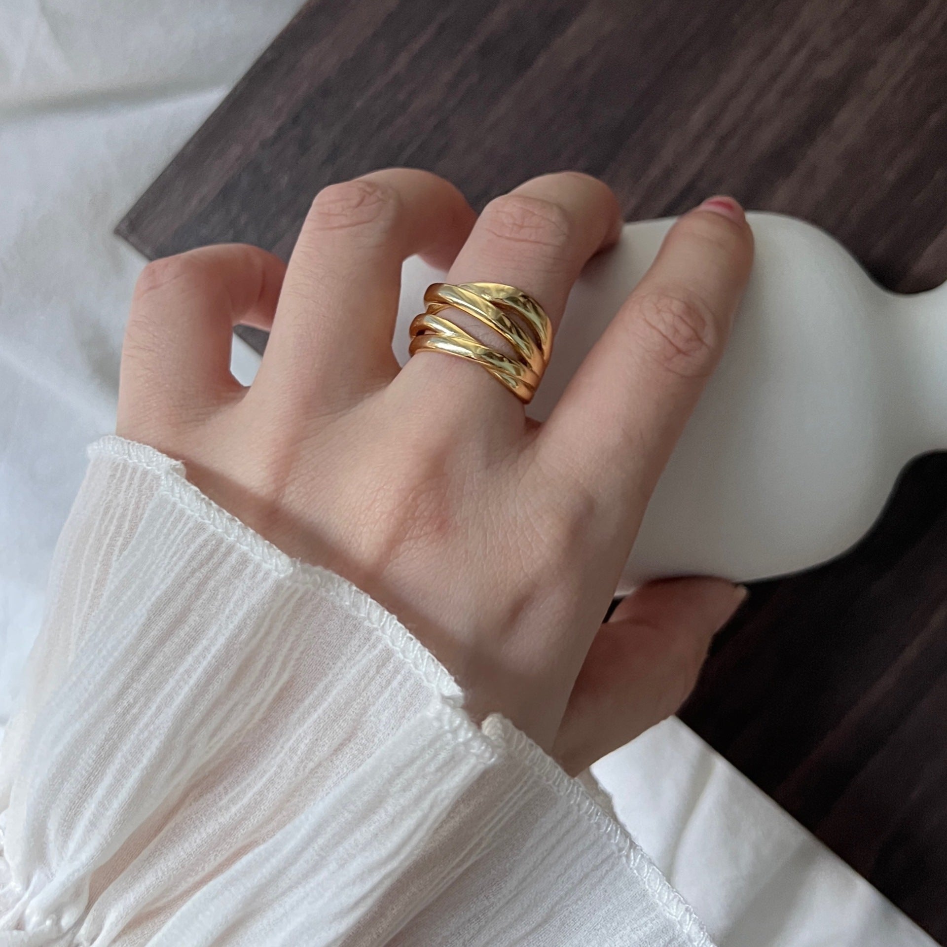 S925 Sterling Silver Heavy Craft Irregular Cross Line Ring, Multi-Layer Niche Silver Jewelry For Women, INS Style Band Vera Lux