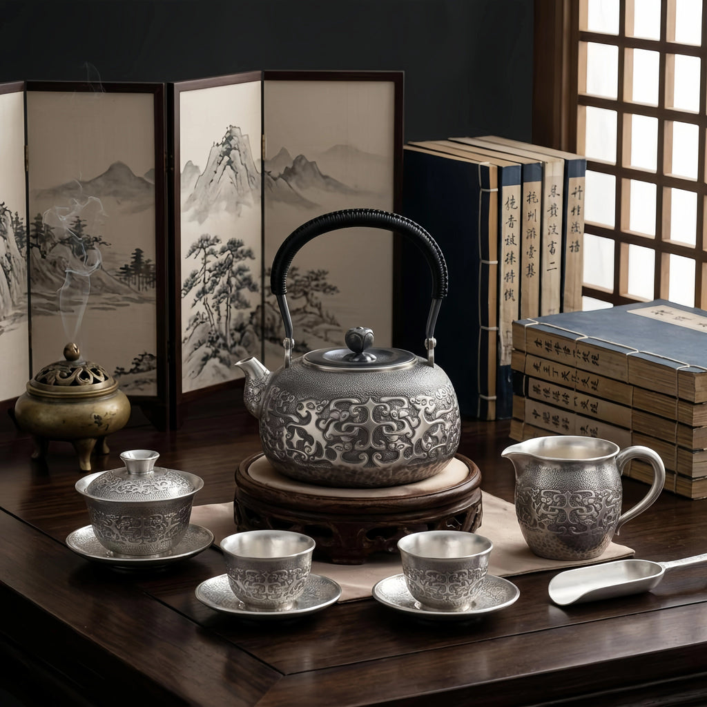Pure 999 Fine Silver Elegant  Teapot with Intricate Cloud Patterns and Coiled Black Handle-Fine large teapot - Handicraft Vera Lux