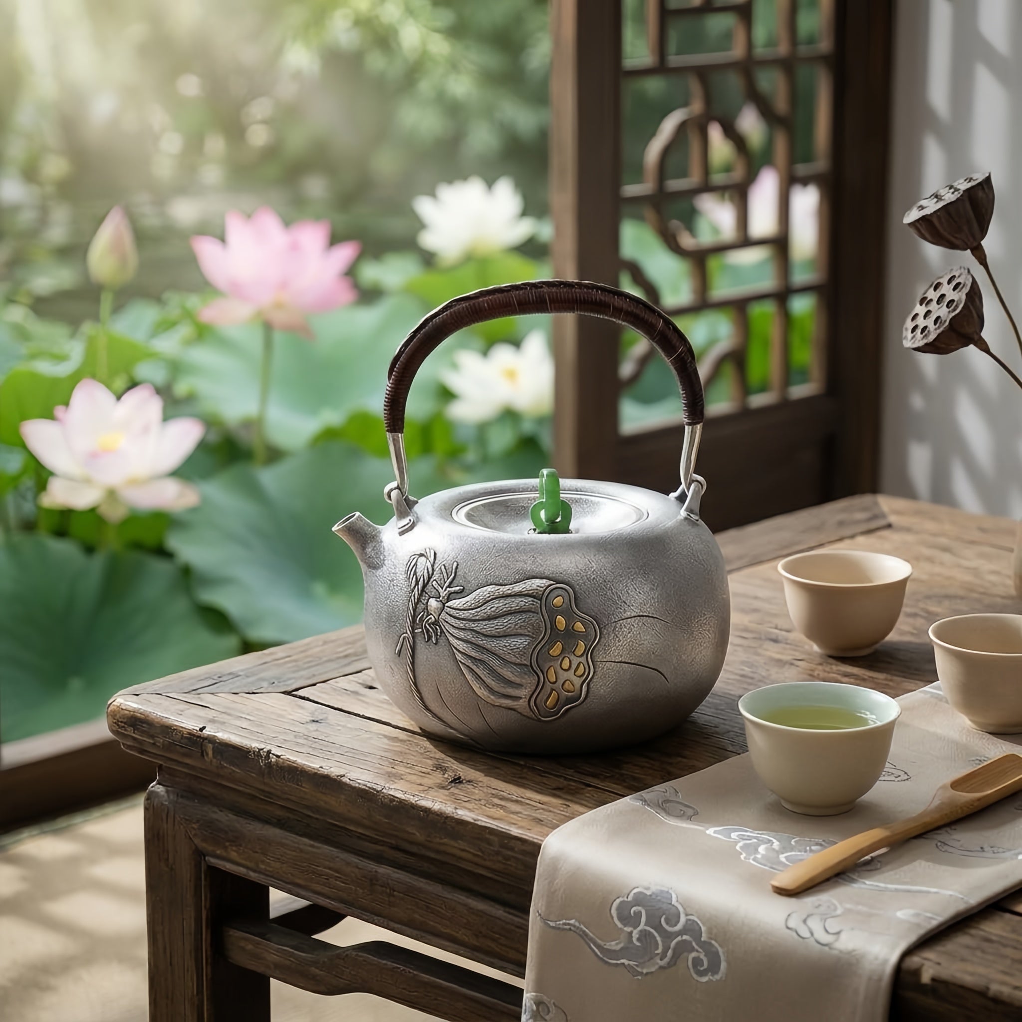 Pure 999 Fine Silver Handmade Silver Teapot with Lotus Seed Pod Motif and Woven Rattan Handle - Handicraft Vera Lux