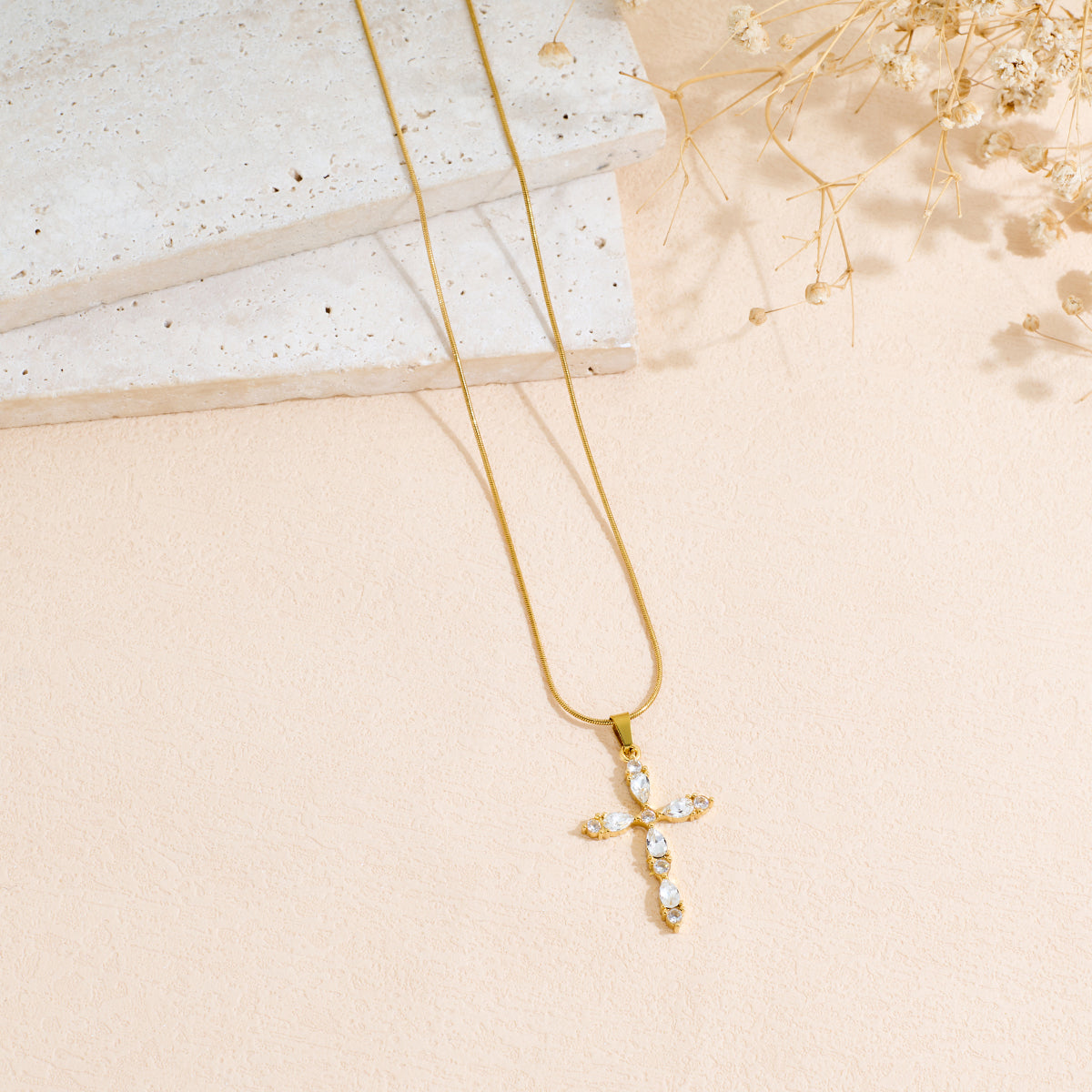 Stainless Steel Cross Pendant Necklace With Colored Zircon Snake Bone Chain Vera Lux