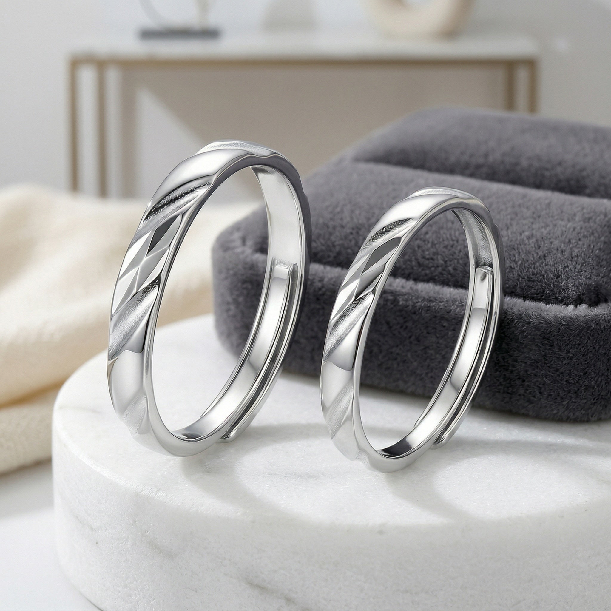 925 Sterling Silver Elegant Silver Couple Rings with Red and Black Twisted Enamel Accents Vera Lux
