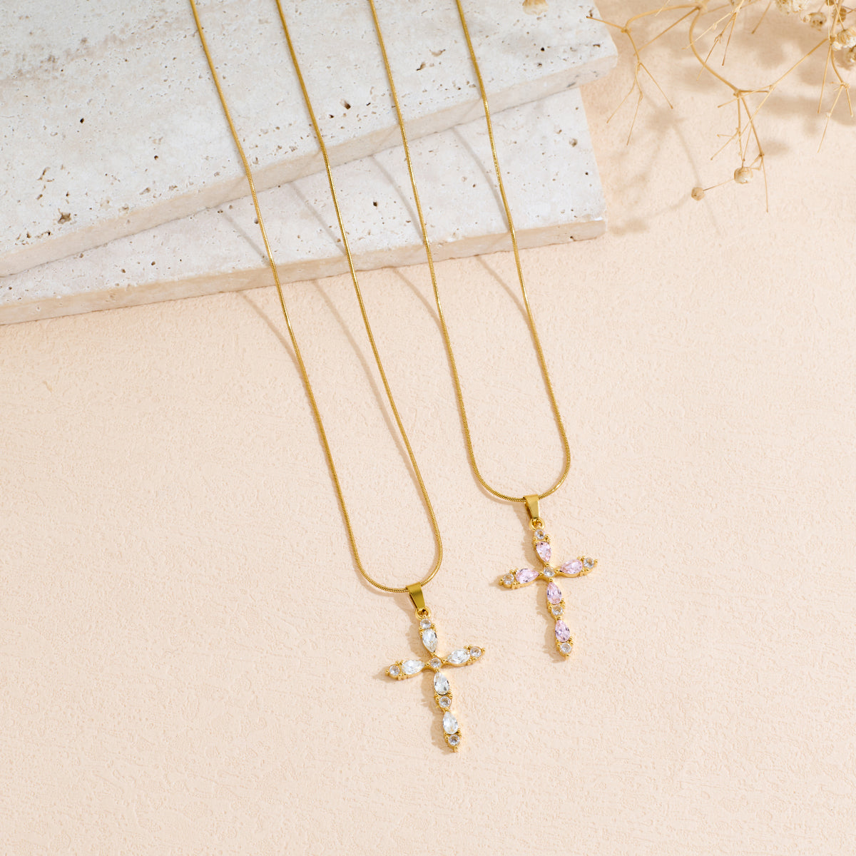 Stainless Steel Cross Pendant Necklace With Colored Zircon Snake Bone Chain Vera Lux