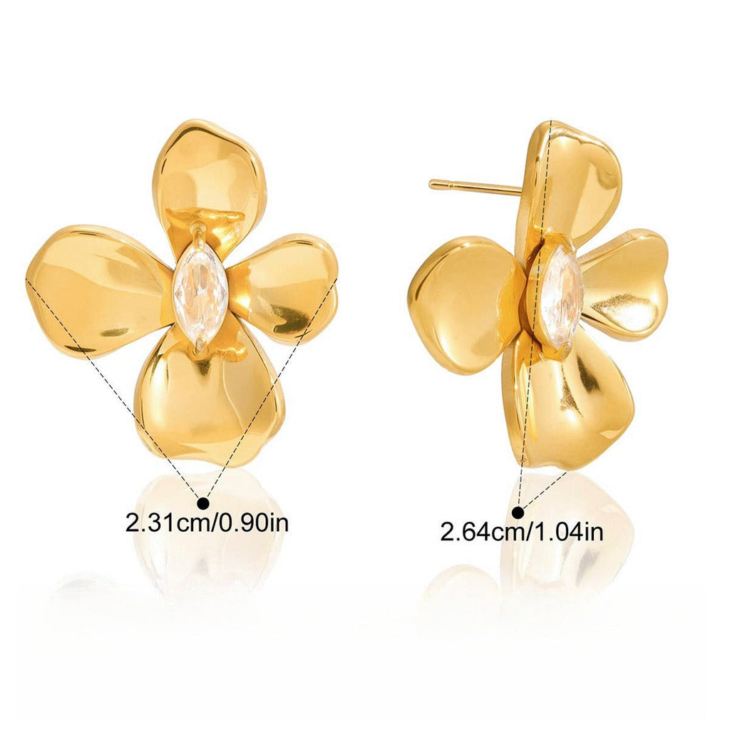 18K gold-plated, luxurious and high-end titanium steel flower-shaped stud earrings with cubic zirconia. Vera Lux