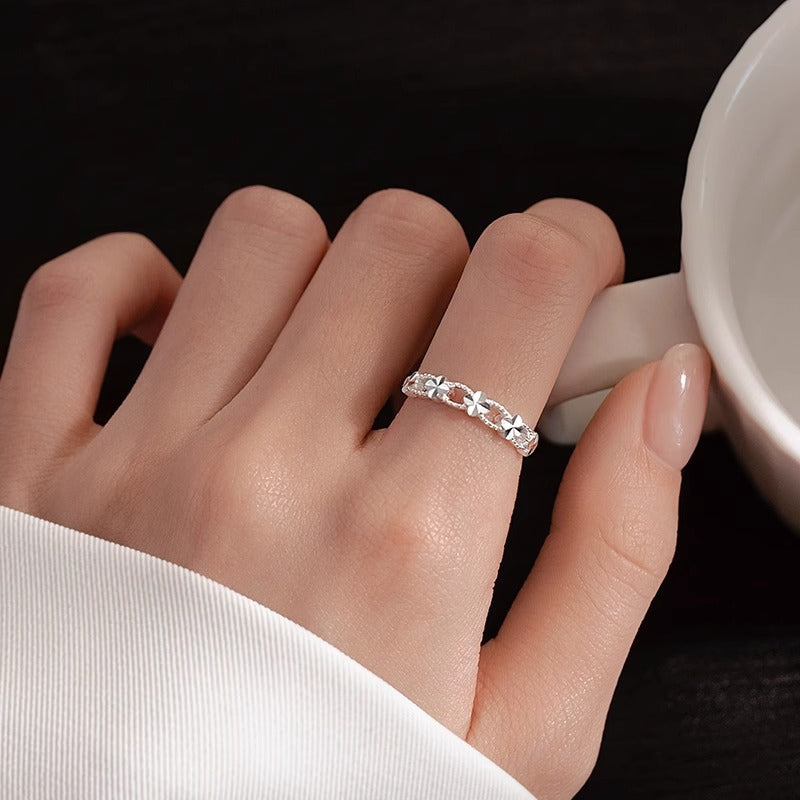S999 Pure Silver Carved Flower Ring For Women, Light Luxury Minimalist Hollow Floral Forest Style, Premium Open Index Finger Ring Vera Lux